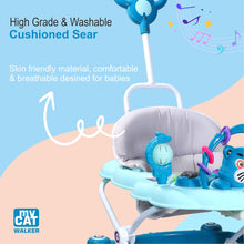 Load image into Gallery viewer, My Cat Baby Walker - Blue | With Parental Handle | Musical Sound Tray | Light-weight & Portable | Comfortable Seat | Rotatable Wheel |Infant & Baby Activity Walker
