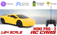 Load image into Gallery viewer, Mini Pro RC Car - Yellow | 27 MHz Fully Functionable | 1:24 Scale | Battery & Charger Cable | Range upto 25m | Luminous Headlight | Perfect Tyre Grip | For Age 4+ Years