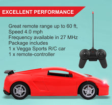 Load image into Gallery viewer, Vegga RC Car - Red | 27 MHz Fully Functionable | 1:24 Scale | Battery & Charger Cable | Range upto 25m | Luminous Headlight | Perfect Tyre Grip | For Age 4+ Years