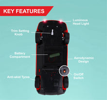 Load image into Gallery viewer, Vegga RC Car - Red | 27 MHz Fully Functionable | 1:24 Scale | Battery &amp; Charger Cable | Range upto 25m | Luminous Headlight | Perfect Tyre Grip | For Age 4+ Years
