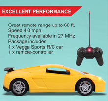 Load image into Gallery viewer, Vegga RC Car - Yellow | 27 MHz Fully Functionable | 1:24 Scale | Battery &amp; Charger Cable | Range upto 25m | Luminous Headlight | Perfect Tyre Grip | For Age 4+ Years
