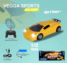 Load image into Gallery viewer, Vegga RC Car - Yellow | 27 MHz Fully Functionable | 1:24 Scale | Battery &amp; Charger Cable | Range upto 25m | Luminous Headlight | Perfect Tyre Grip | For Age 4+ Years
